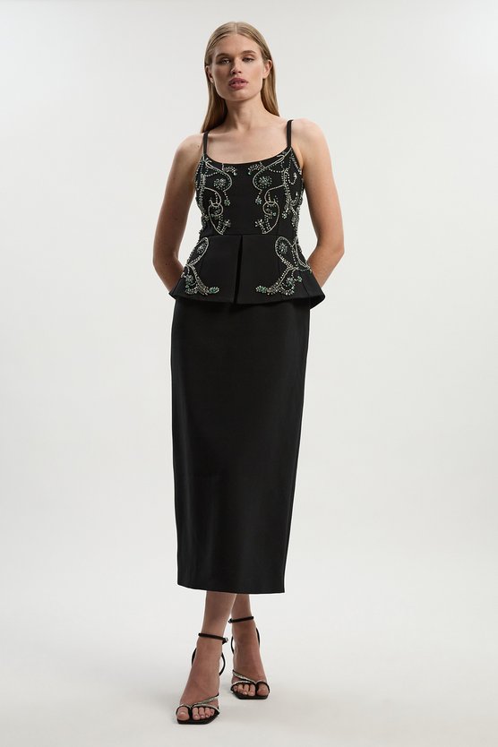 karen millen Petite Crystal Embellished Peplum Bandeau Pencil Midi Dress black
