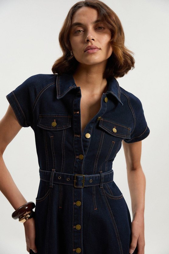 Karen Millen Petite Denim Corset Waist Detail Full Midi Dress Dark Blue