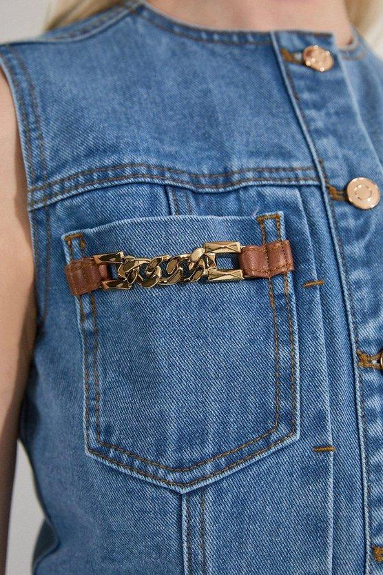 Karen Millen Petite Denim & Faux Leather Tipping Sleeveless Midi Dress Light Blue