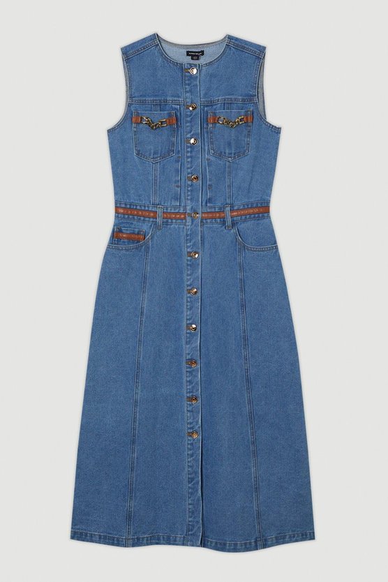 Karen Millen Petite Denim & Faux Leather Tipping Sleeveless Midi Dress Light Blue