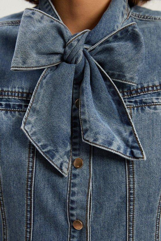 Karen Millen Petite Denim Pussy Bow Shirt Dress Light Blue