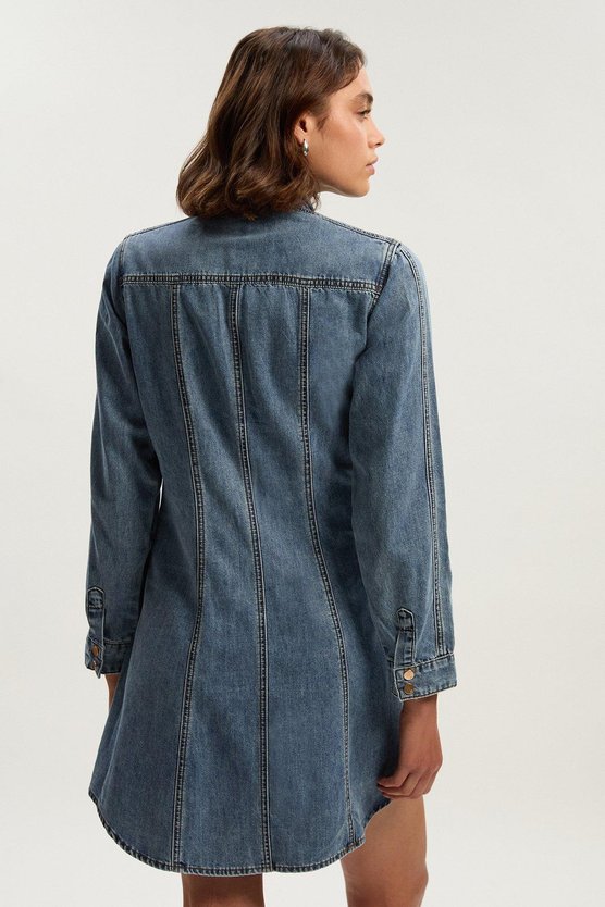 Karen Millen Petite Denim Pussy Bow Shirt Dress Light Blue