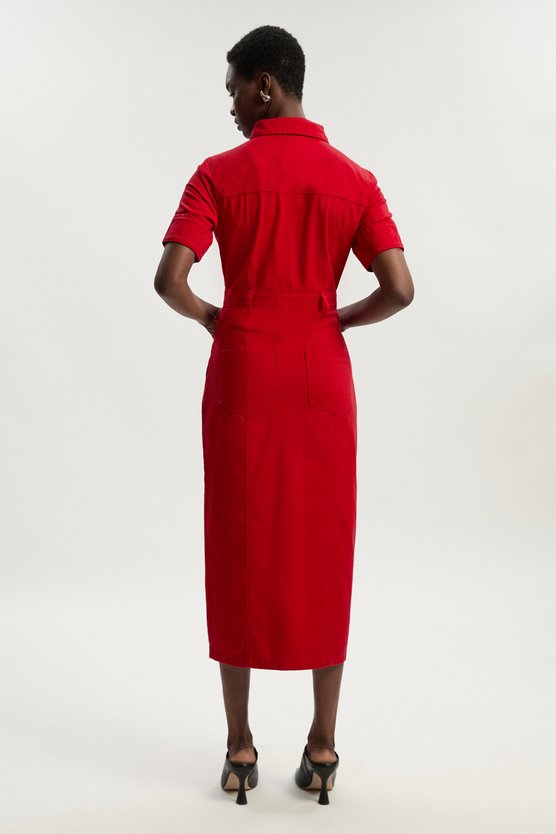 Karen Millen Petite Denim Short Sleeve Shirt Dress Red