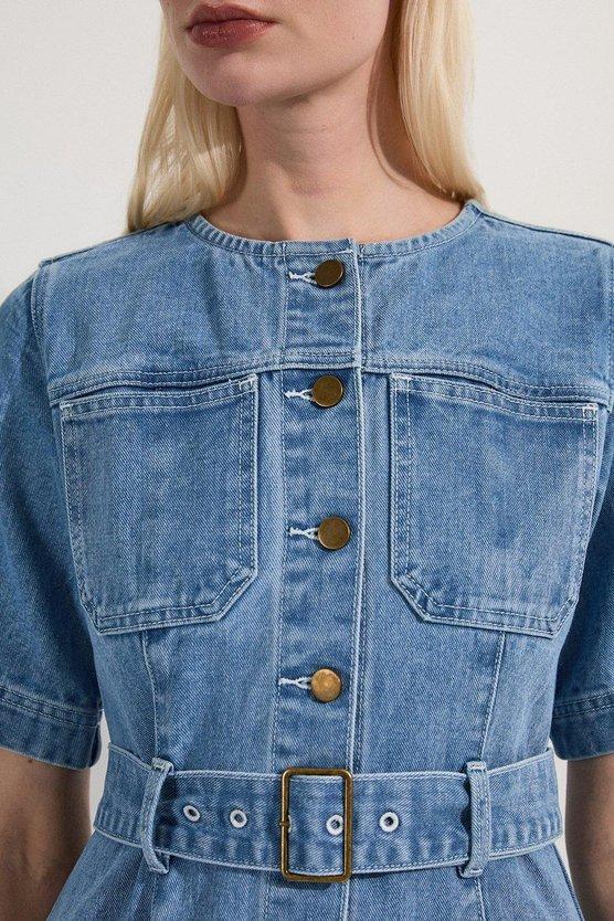 Karen Millen Petite Denim Soft Wash Short Sleeve Belted Midi Dress Mid Blue