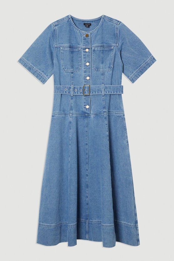Karen Millen Petite Denim Soft Wash Short Sleeve Belted Midi Dress Mid Blue