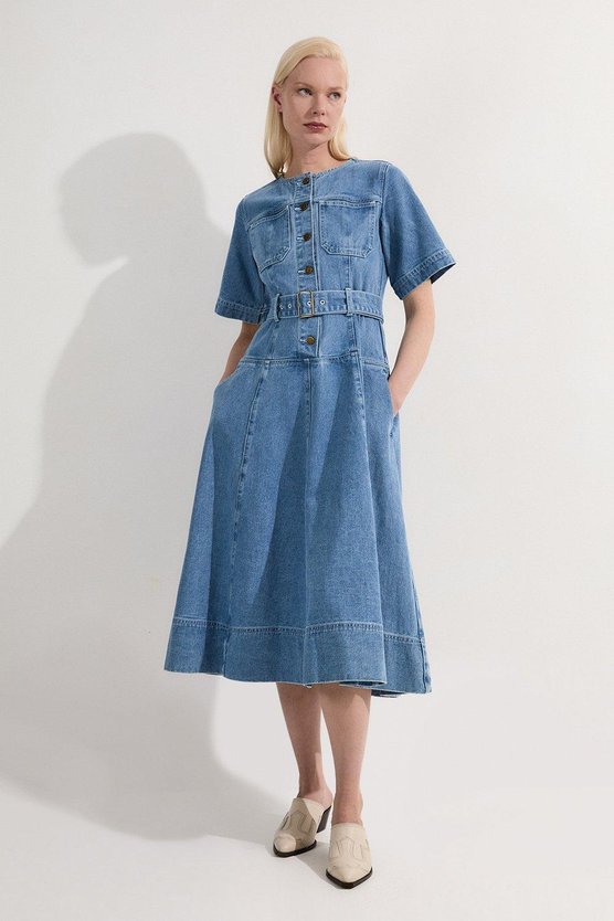 karen millen Petite Denim Soft Wash Short Sleeve Belted Midi Dress mid blue