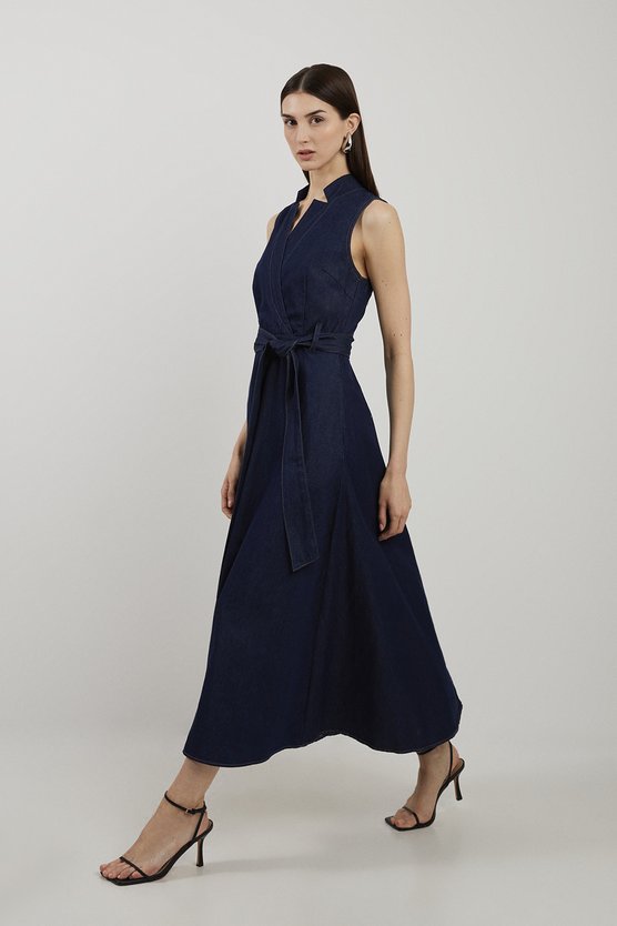 Karen Millen Petite Denim Tailored Notch Neck Belted Fluid Midi Dress Indigo