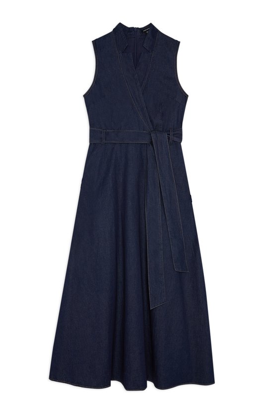 Karen Millen Petite Denim Tailored Notch Neck Belted Fluid Midi Dress Indigo