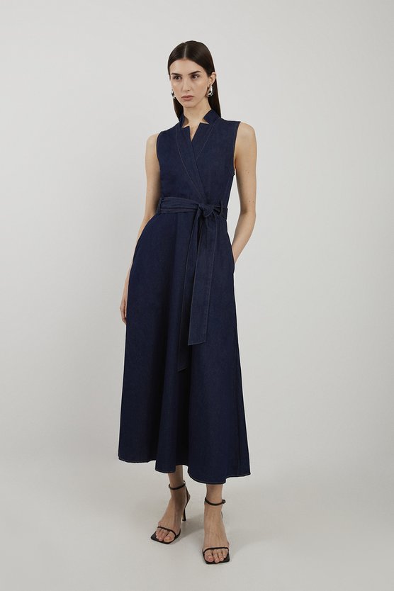 karen millen Petite Denim Tailored Notch Neck Belted Fluid Midi Dress indigo