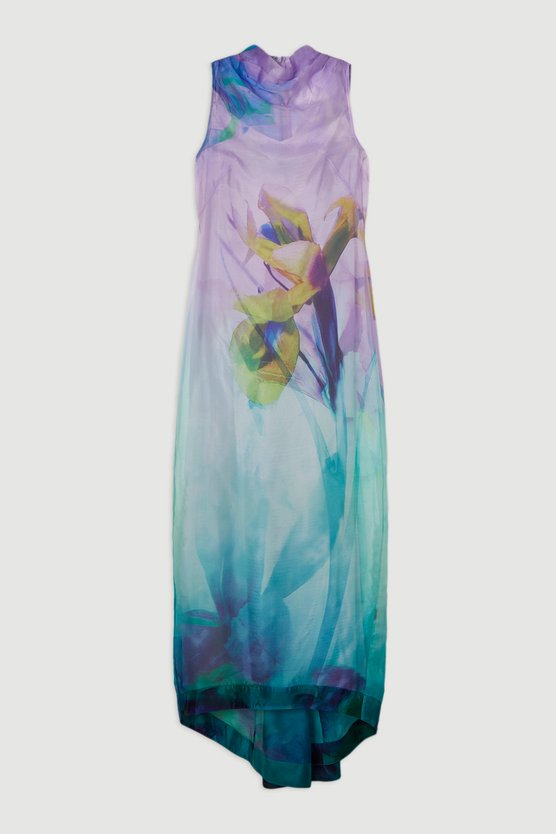 Karen Millen Petite Digital Ophelia Floral Organdie High Neck Maxi Dress Floral