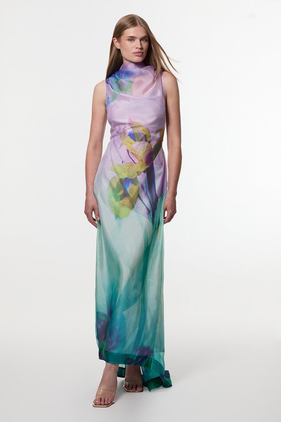 karen millen Petite Digital Ophelia Floral Organdie High Neck Maxi Dress floral