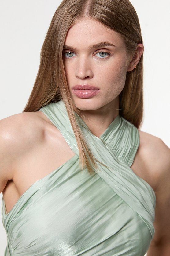 Karen Millen Petite Digital Ophelia Liquid Metallic Split Woven Maxi Dress Mint