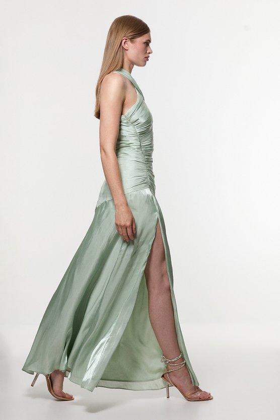 Karen Millen Petite Digital Ophelia Liquid Metallic Split Woven Maxi Dress Mint