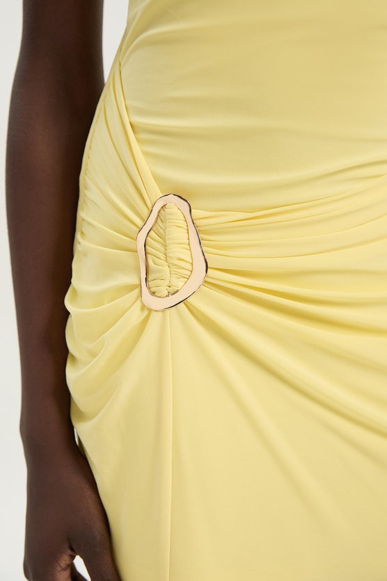 Karen Millen Petite Drapey Crepe Trim Detail Ruched Maxi Dress Lemon