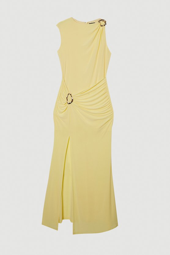 Karen Millen Petite Drapey Crepe Trim Detail Ruched Maxi Dress Lemon