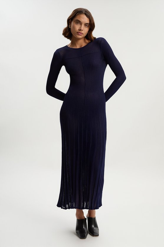 Karen Millen Petite Drapey Sheer Rib Knitted Midi Dress Navy