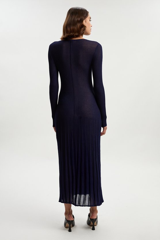 Karen Millen Petite Drapey Sheer Rib Knitted Midi Dress Navy