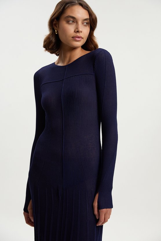 karen millen Petite Drapey Sheer Rib Knitted Midi Dress navy
