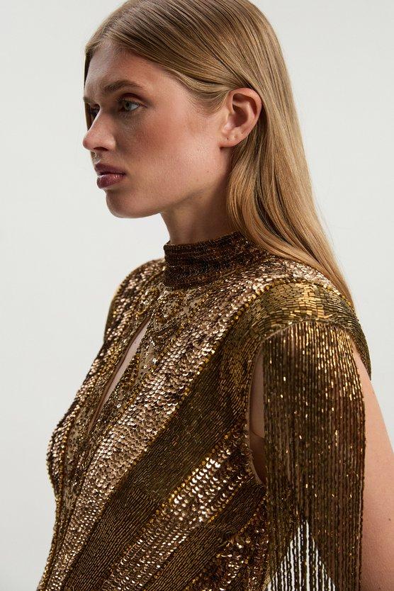 Karen Millen Petite Embellished Beaded Cap Sleeve Woven Mini Dress Bronze