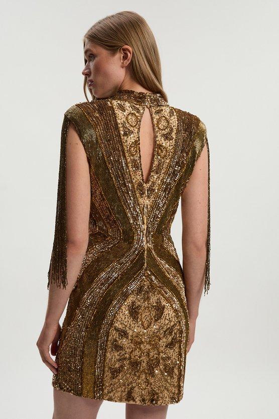 Karen Millen Petite Embellished Beaded Cap Sleeve Woven Mini Dress Bronze