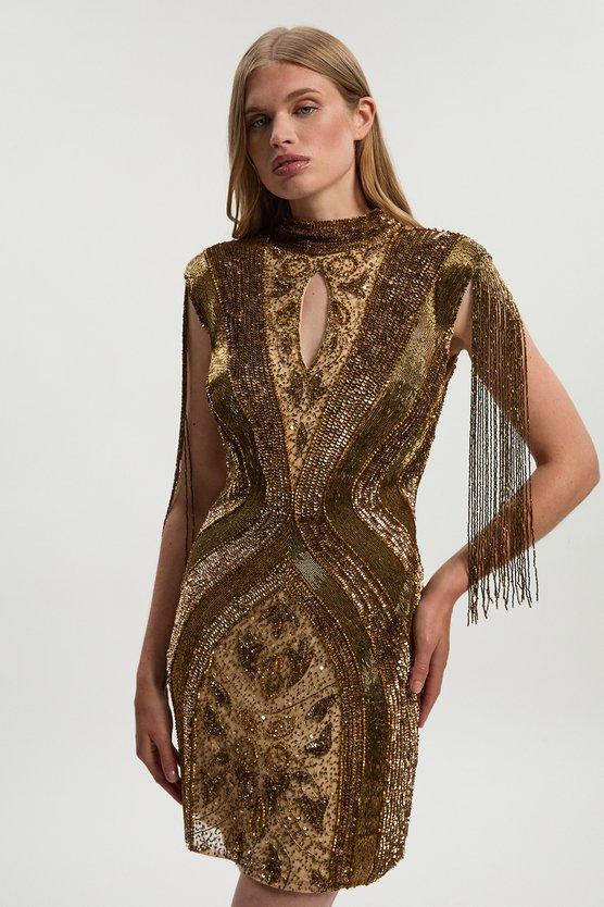 karen millen Petite Embellished Beaded Cap Sleeve Woven Mini Dress bronze