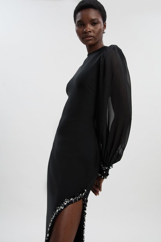 Karen Millen Petite Embellished Figure Form And Chiffon Sleeve Midi Dress Black