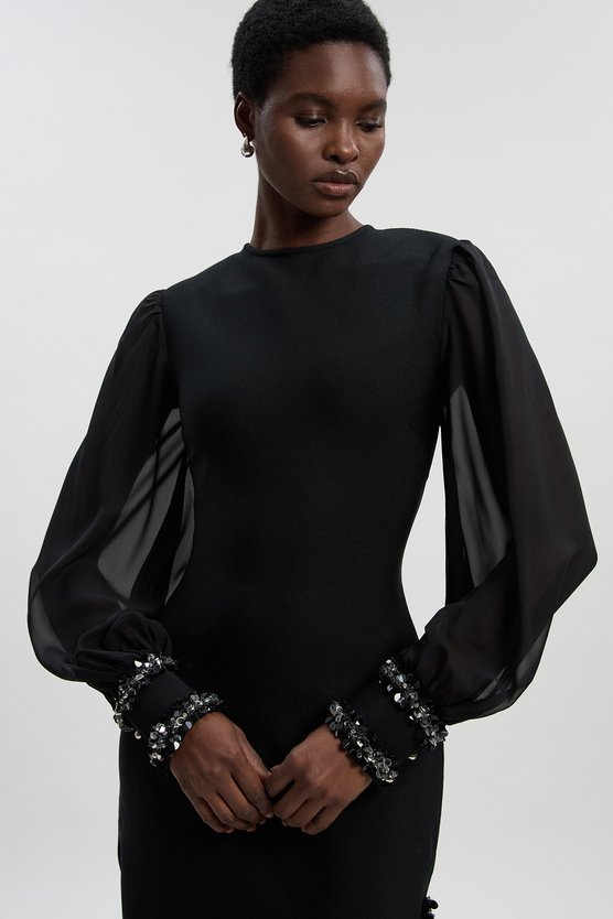 Karen Millen Petite Embellished Figure Form And Chiffon Sleeve Midi Dress Black