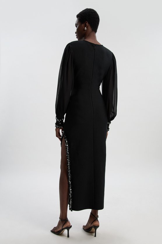 Karen Millen Petite Embellished Figure Form And Chiffon Sleeve Midi Dress Black