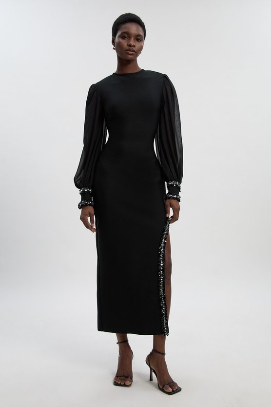 karen millen Petite Embellished Figure Form And Chiffon Sleeve Midi Dress black