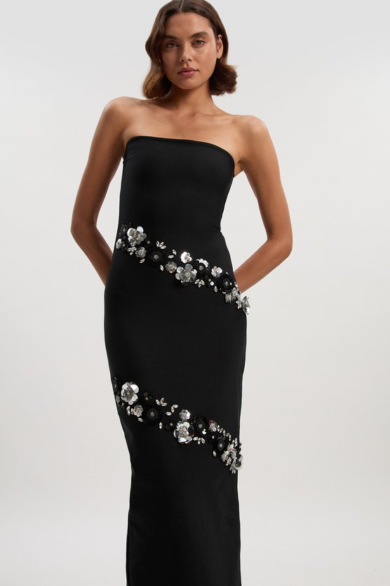 Karen Millen Petite Embellished Figure Form Bandeau Maxi Dress Black