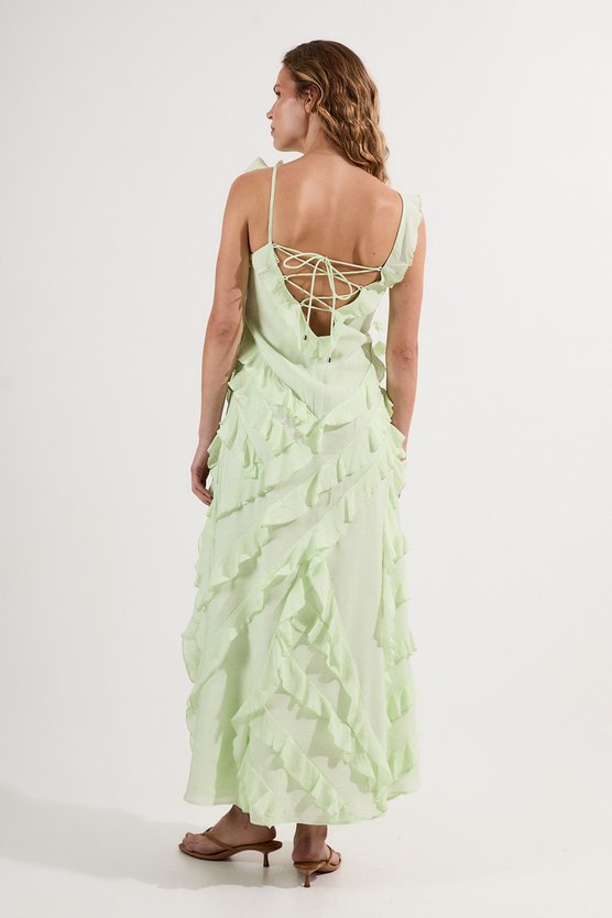 Karen Millen Petite Embellished Ruffle Strappy Woven Maxi Dress Sage