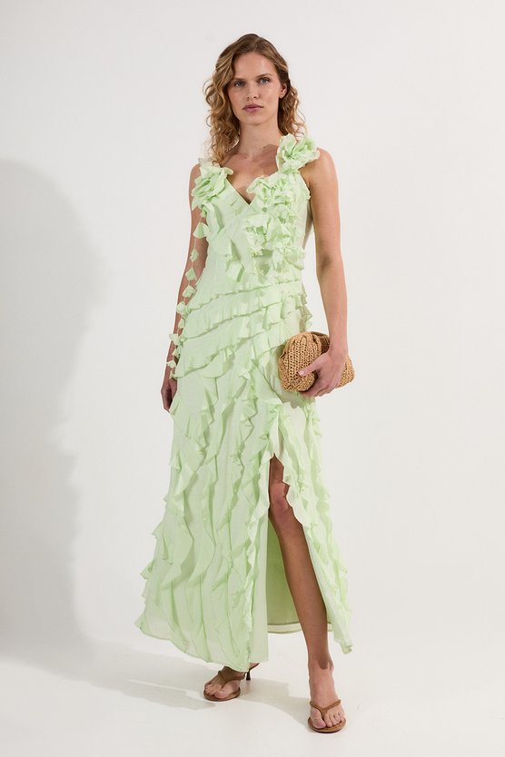 karen millen Petite Embellished Ruffle Strappy Woven Maxi Dress sage