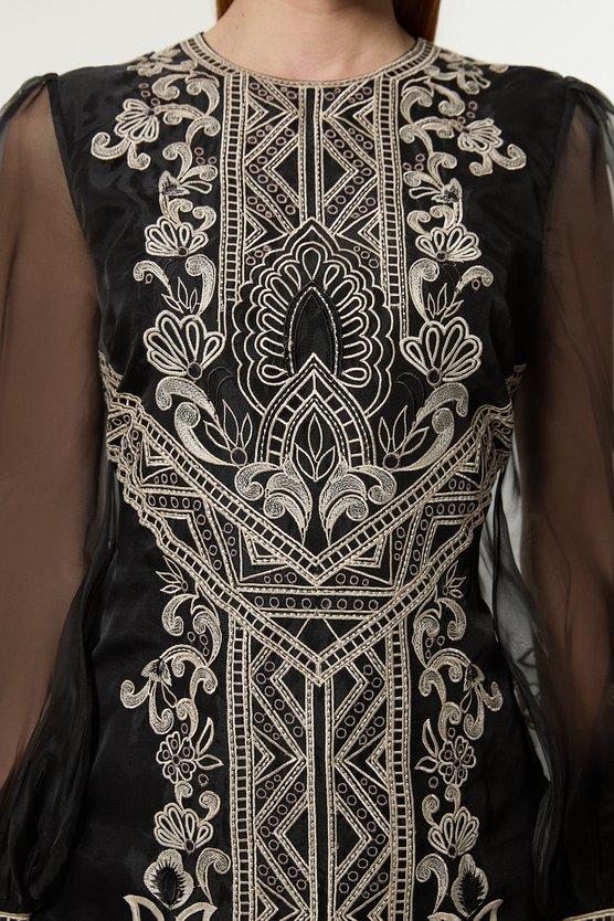 Karen Millen Petite Embroidered Organdie Balloon Woven Mini Dress Black