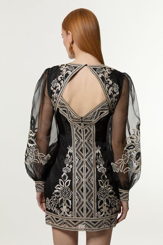 Karen Millen Petite Embroidered Organdie Balloon Woven Mini Dress Black