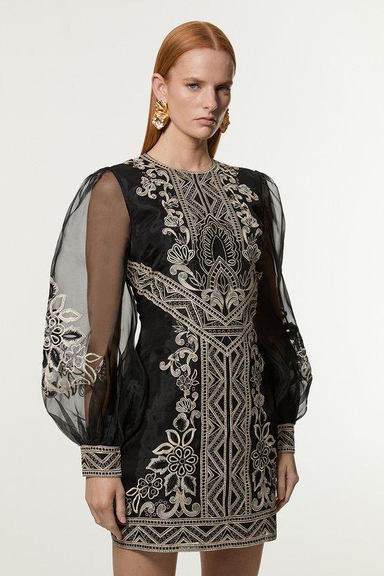 karen millen Petite Embroidered Organdie Balloon Woven Mini Dress black