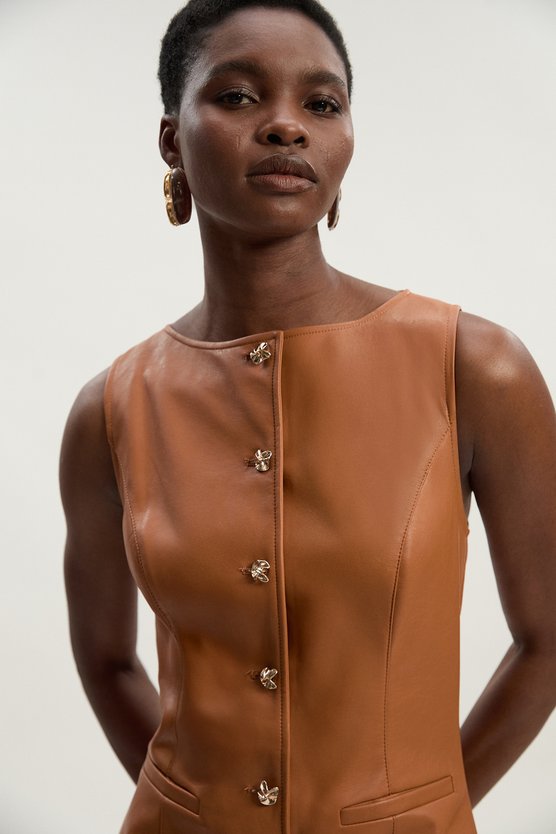 Karen Millen Petite Faux Leather Button Detail Midi Pencil Dress Camel