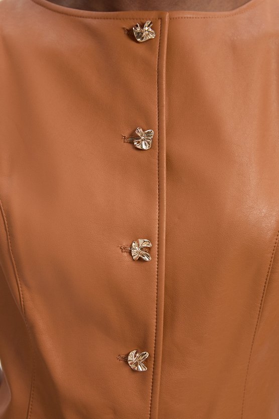 Karen Millen Petite Faux Leather Button Detail Midi Pencil Dress Camel