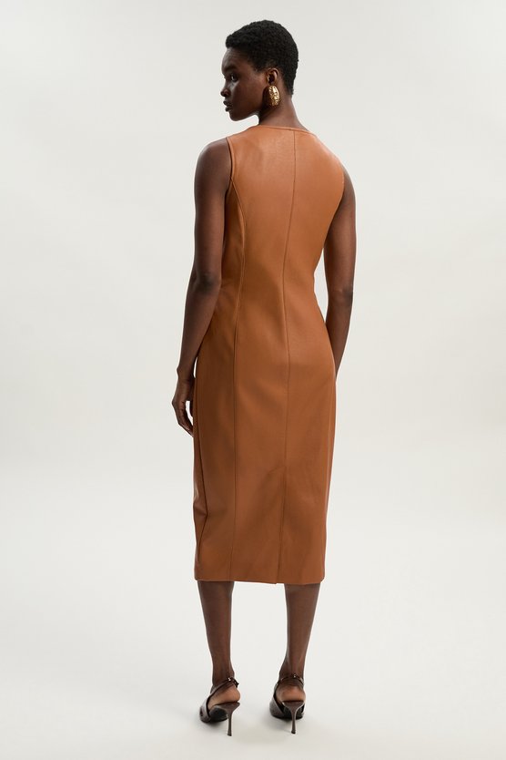 Karen Millen Petite Faux Leather Button Detail Midi Pencil Dress Camel