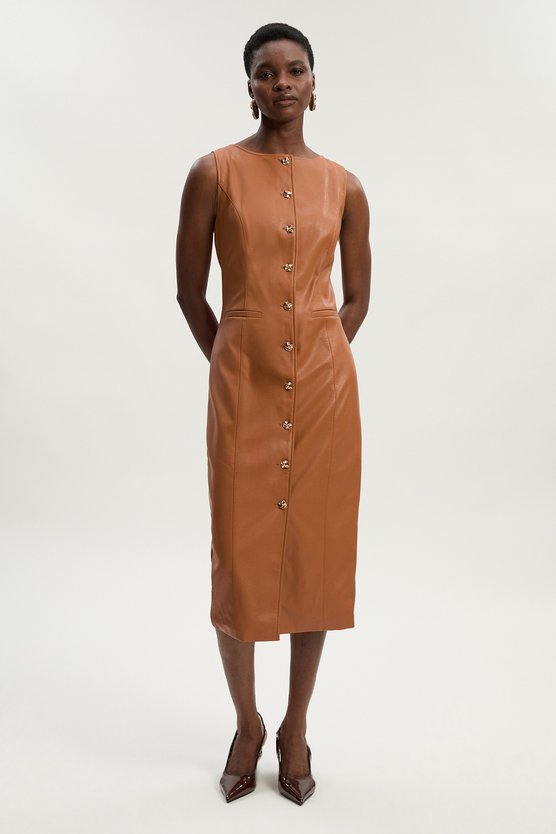 karen millen Petite Faux Leather Button Detail Midi Pencil Dress camel
