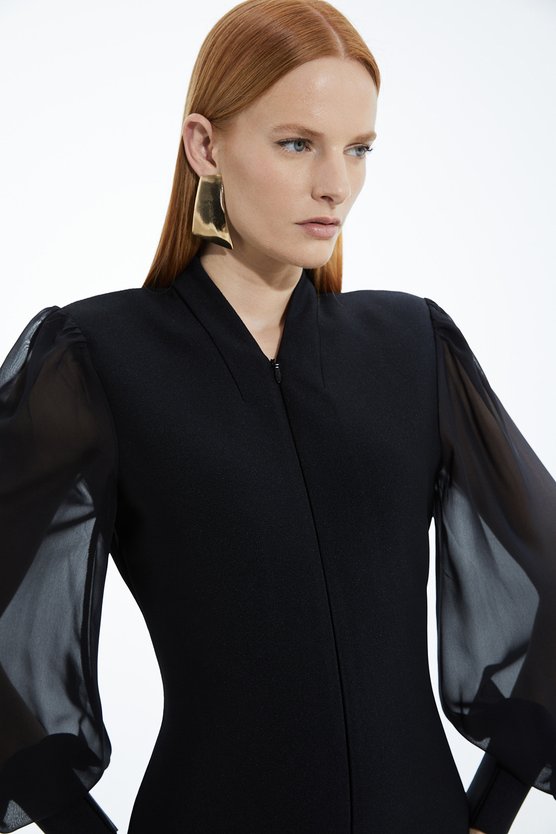 Karen Millen Petite Figure Bandage Figure Form Zip Detail Chiffon Sleeve Knit Dress Black