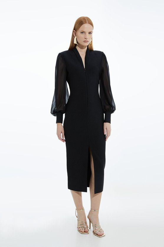 karen millen Petite Figure Bandage Figure Form Zip Detail Chiffon Sleeve Knit Dress black