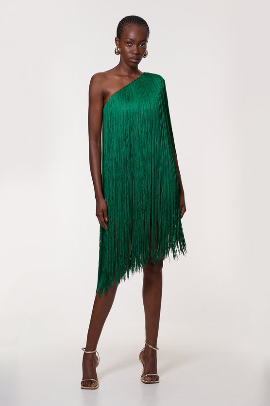 Karen Millen Petite Figure Form Bandage One Shoulder Fringe Mini Knit Dress Green