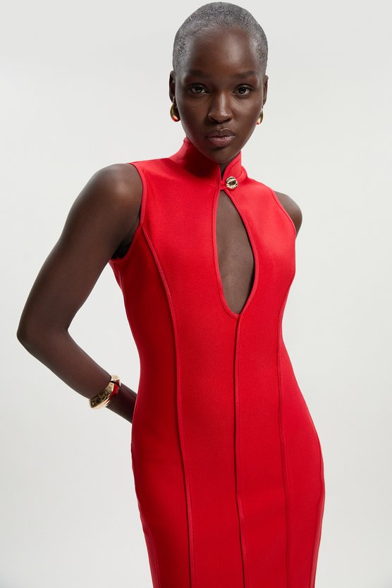 Karen Millen Petite Figure Form Bandage Sleeveless Pencil Knit Maxi Dress Red