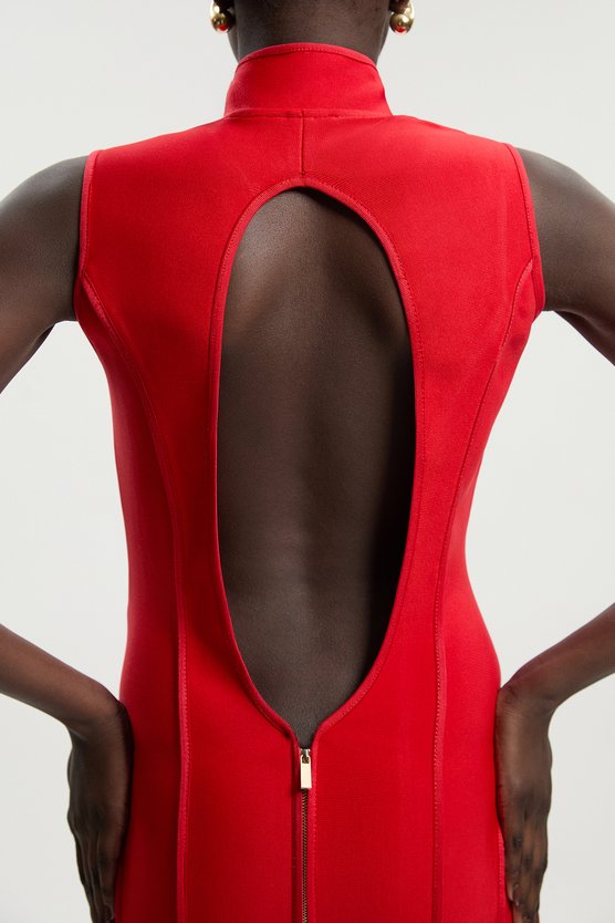 Karen Millen Petite Figure Form Bandage Sleeveless Pencil Knit Maxi Dress Red