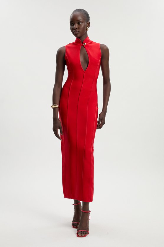 karen millen Petite Figure Form Bandage Sleeveless Pencil Knit Maxi Dress red