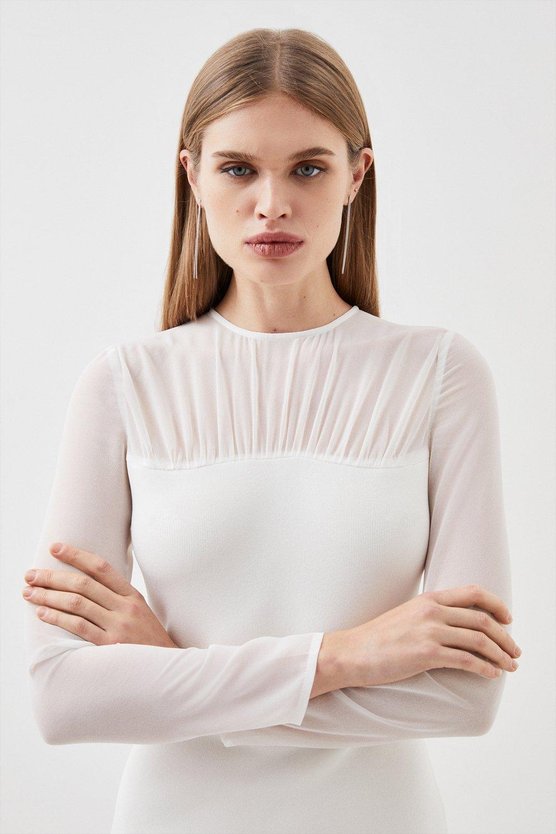 Karen Millen Petite Figure Form Woven Bandage Mix Dress Cream