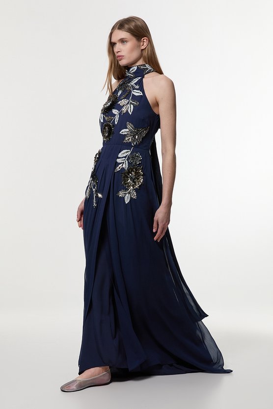 Karen Millen Petite Floral 3D Embellished Halter Tie Neck Woven Maxi Dress Navy