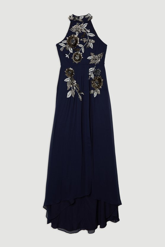 Karen Millen Petite Floral 3D Embellished Halter Tie Neck Woven Maxi Dress Navy