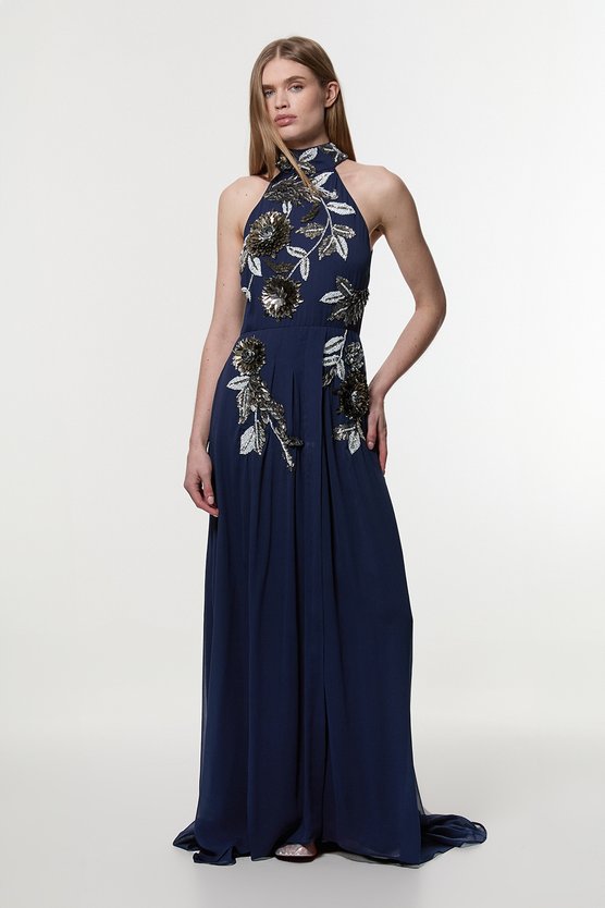 karen millen Petite Floral 3D Embellished Halter Tie Neck Woven Maxi Dress navy