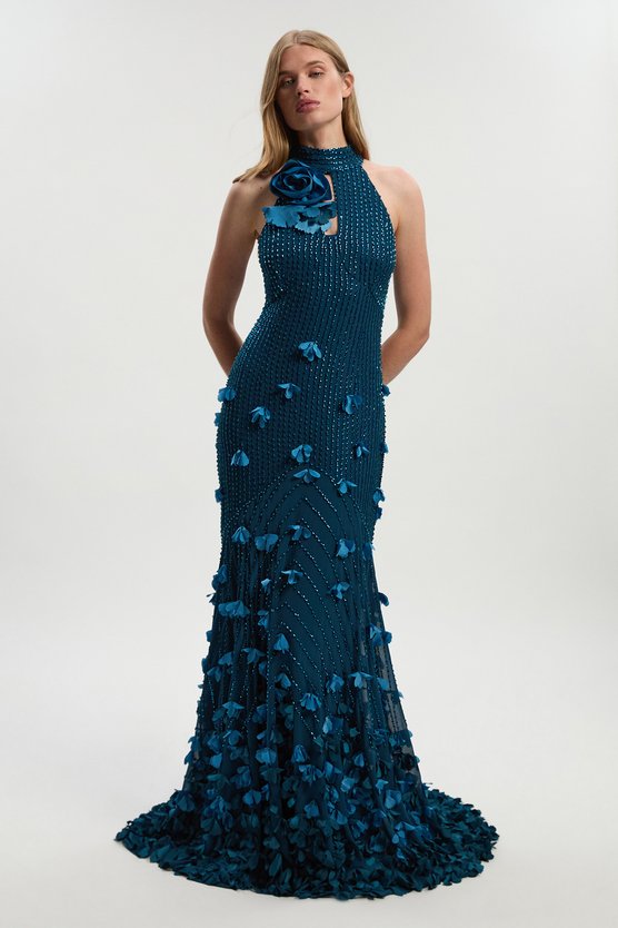 karen millen Petite Floral Applique Woven Maxi Rosette Maxi teal